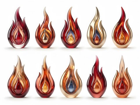 Set of ten decorative glass flame sculptures in various red and golden hues with sculpture ornament abstract translucent colorful artistic showpiece