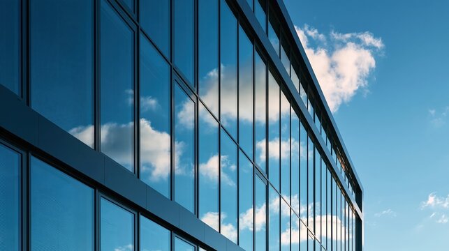 Modern glass building facade with reflective windows against a bright blue sky with white clouds. The geometric grid pattern and sleek architecture create a contemporary urban aesthetic.