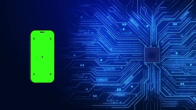 A green phone panel with tracking crosses electric blue pathways converge square chip offers a mobile screen replacement area for app promos, computing explainers and electronics presentations.