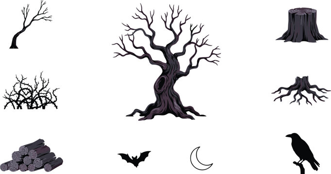 Spooky Dead Tree and Forest Elements Vector Set Featuring Tree Stump Bare Branches Thorny Bush Log Pile Crow Bat and Crescent Moon Symbols