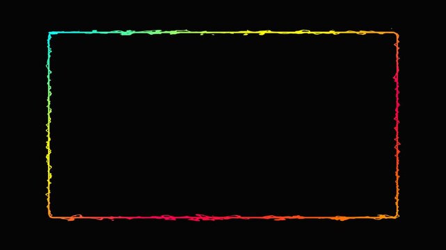 Animated rectangular border frame made of glowing rainbow neon sketch lines on black background.