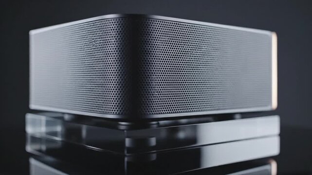 Wireless bluetooth speaker resting on transparent acrylic stand inside modern studio environment