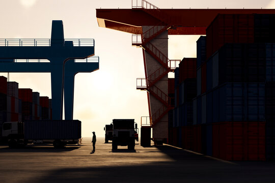 Container freight terminal with cargo trucks and gantry crane during golden hour, 3D rendering