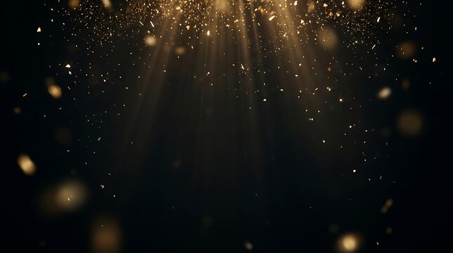 Gleaming golden dust particles floating in bright downward light rays against a dark background, creating a luxurious commercial celebration effect