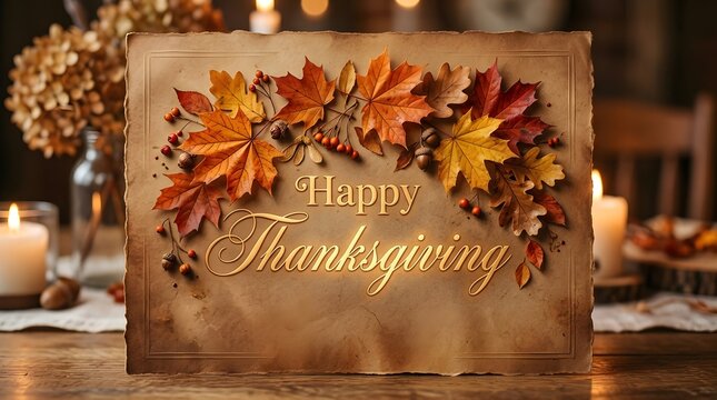 Rustic wooden sign with colorful autumn leaves and happy thanksgiving greeting on a decorated dining table