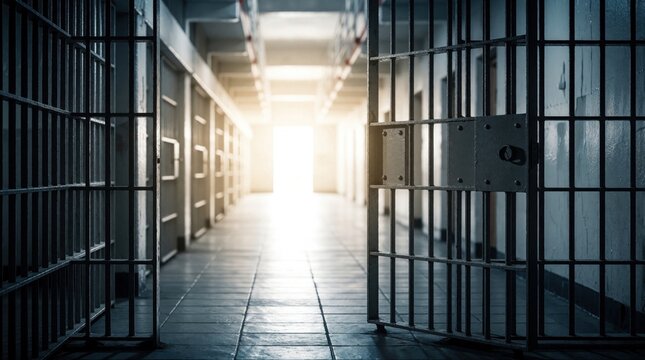View through open prison cell bars into bright hallway. Metal jail gate stands ajar in dark corridor with strong light at end. Concept of freedom, justice, release from punishment, new life after