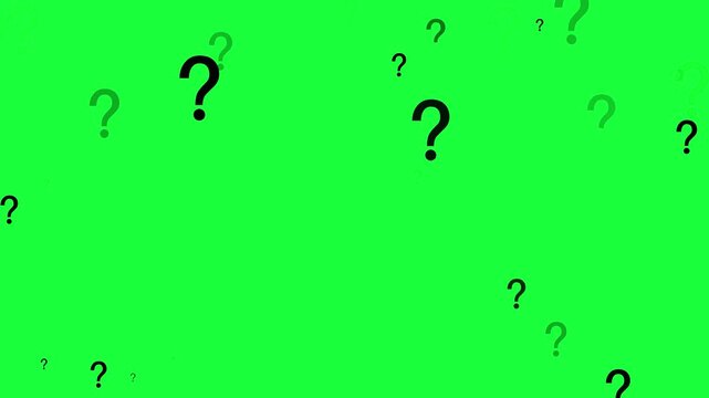 Several black question mark symbols scales green field, faint green marks adding depth. offers simple chroma key element for asking questions, revealing answers, building quiz illustrating curiosity.