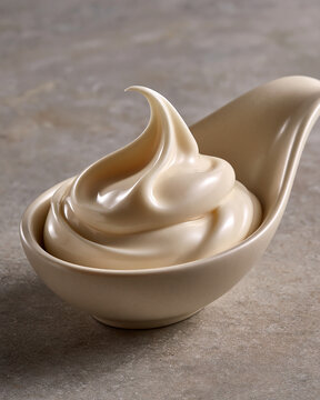 Artisanal mayonnaise on ivory ceramic spoon highlighting stable emulsion colloid science and premium food texture engineering