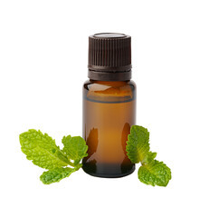 Bottle of peppermint oil with fresh mint leaves on a white background © fotofabrika