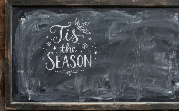 Tis the season holiday chalkboard lettering with festive snow and mistletoe design for winter greeting card and Christmas party background concept