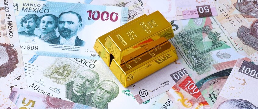 Mexican peso money bills and gold bullion bars. Mexico cash bills of MXN currency close up