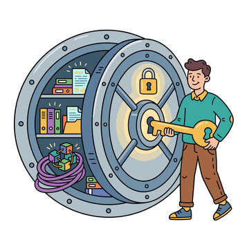 Man inserting key into open bank vault door