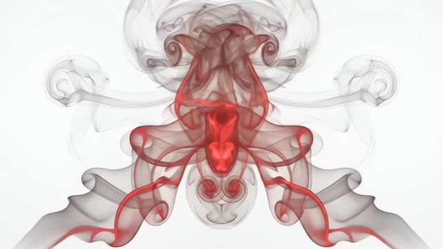 Abstract red and grey smoke swirls creating a symmetrical organic artistic pattern.