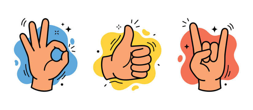 Hand Gestures of Approval and Excitement: Three stylized hands display iconic gestures &ndash; the okay sign, a thumbs up, and the rock on sign &ndash; set against vibrant, abstract backgrounds.