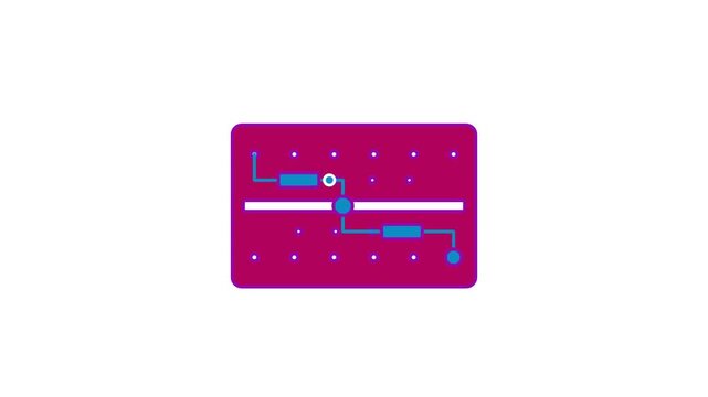 Seamless 4K looping animation of a flat breadboard circuit icon passing pulse, centred and isolated on a clean white background with plenty of copy space. Bold outlined vector shapes in purple and vio