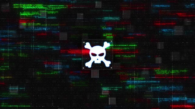 White skull crossed bones dominates digital interface filled fragmented source code and scanning patterns. suggest a hostile intrusion, software vulnerability or online danger in cyber stories.