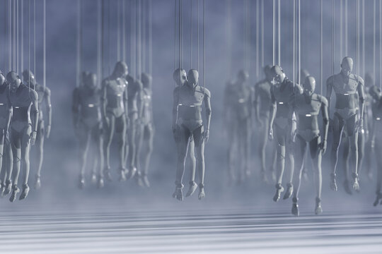 Dark futuristic chamber filled with suspended android figures in artificial intelligence dystopia, 3D rendering