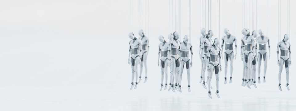 Suspended humanoid robot workforce in white artificial intelligence laboratory with copy space, 3D rendering
