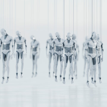 Humanoid robots hanging in synchronized rows as metaphor for technological conformity, 3D rendering