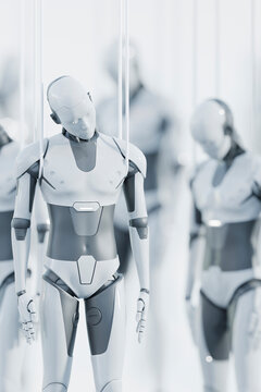 Close up of inactive humanoid android suspended by cables in futuristic robot factory, 3D rendering