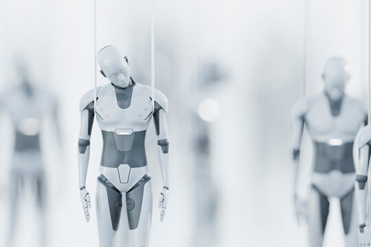 White humanoid robot hanging motionless among blurred androids in automated assembly line, 3D rendering