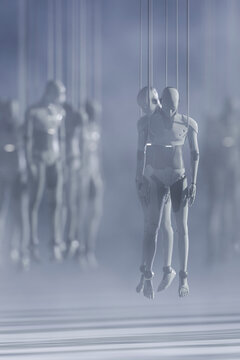 Isolated humanoid robot suspended inside foggy blue chamber symbolizing machine dependence, 3D rendering