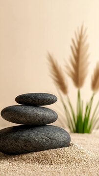 Zen Spa Stacked Pebbles on Sand Vertical Video Background
