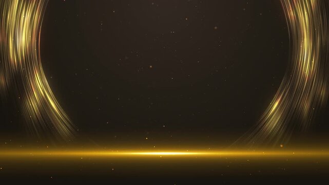Curved gold light strands form a luminous opening empty brown black space, line of light lower portion. Subtle warm floating flecks make this backdrop product reveals, ceremony elegant promos.