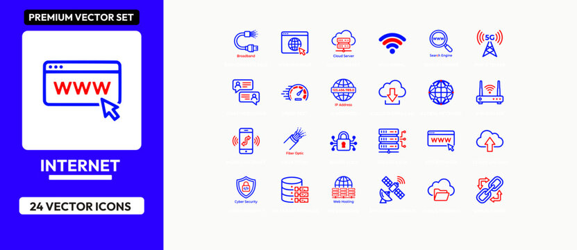 Internet technology network icons set featuring web browser cloud storage and data security.