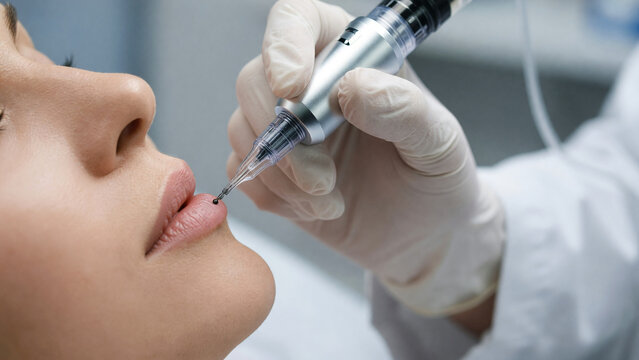 Cosmetologist in gloves doing permanent lip makeup with tattoo machine on woman face in beauty salon, lip blush and micropigmentation