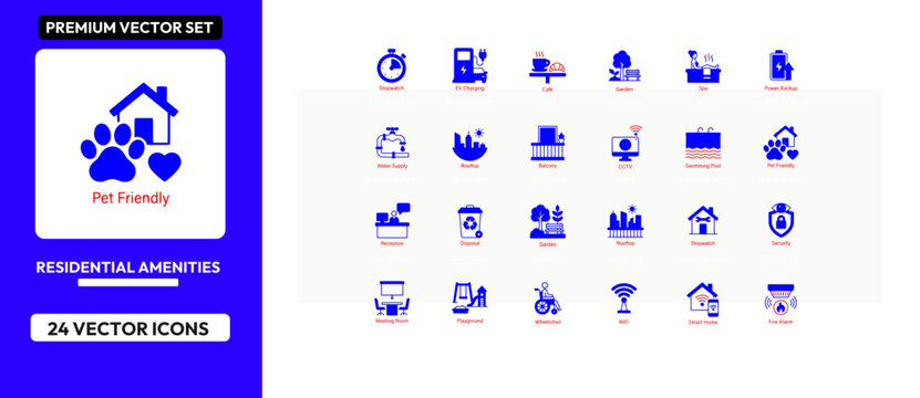 Residential amenities icon set includes blue icons for pet friendly and housing facilities.