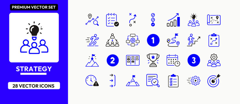 Business strategy icon collection featuring linear blue and black conceptual planning signs.