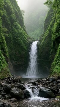 Hidden Waterfall in Misty Fern Gorge Vertical Video