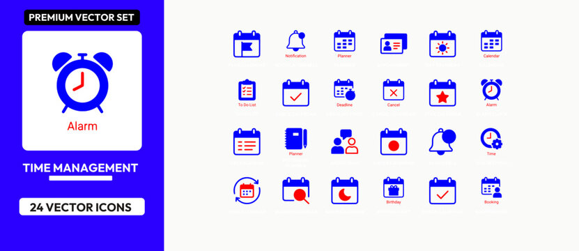 Time management vector icons featuring blue calendar and alarm symbols for schedule planning.