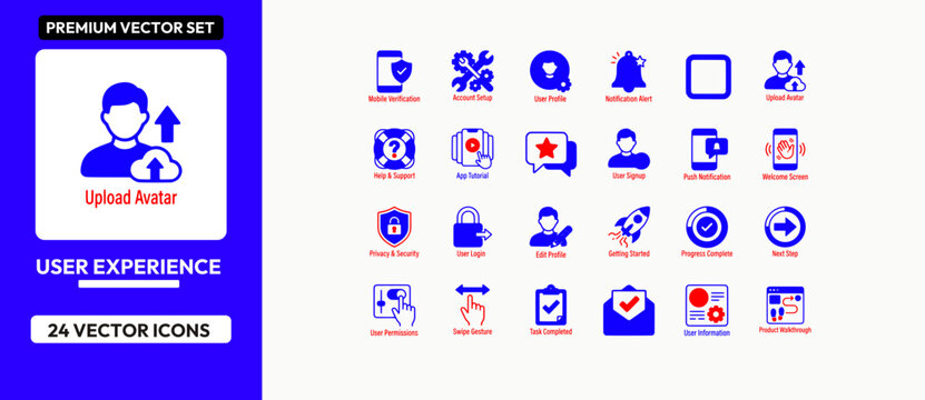 User experience vector icons displaying blue profile settings and mobile application actions.