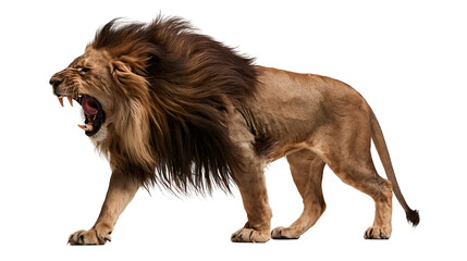 Large male African lion with dark brown mane roaring with open mouth and fangs © Eustace