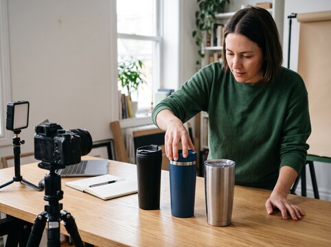 Content creator arranging products for online comparison review
