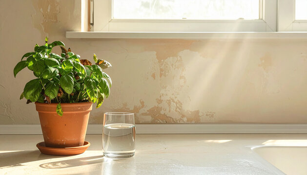 Kitchen counter with small herb pot of wilted basil and brown leaves beside plain glass of water in soft morning light generative AI
