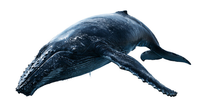 Large humpback whale swimming with long pectoral fins and textured dark skin