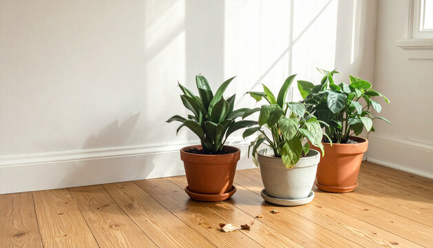 Three houseplants pushed together in living room corner where light is best with one outperforming others and brown leaf drops generative AI
