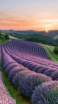 Lavender Field at Sunrise Rolling Hills Vertical Video