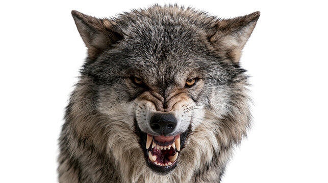 Snarling grey wolf head with sharp teeth and intense amber eyes