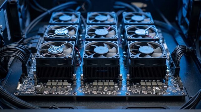 An overhead close-up shot of a powerful server cooling fan arrangement mounted on a high-density motherboard inside a computer chassis with visible wiring and components