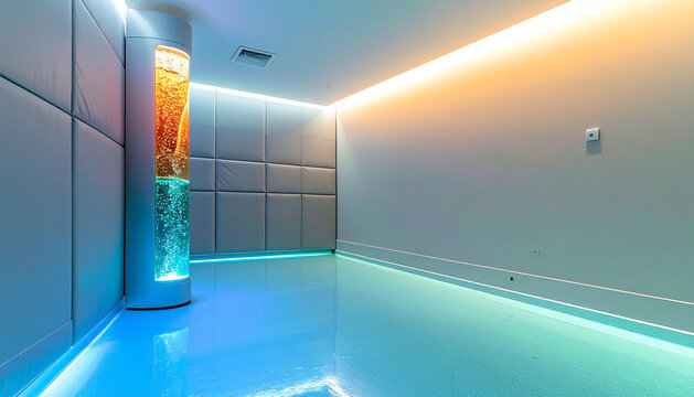Calm sensory room with tall illuminated bubble tube against soft grey padded wall shifting from warm amber to deep teal generative AI