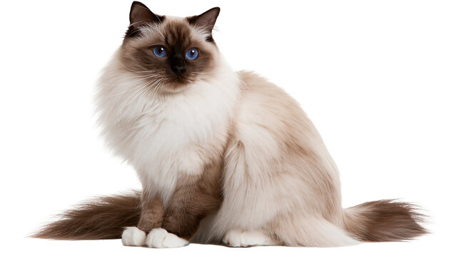 Fluffy Birman cat with dark brown points and bright blue eyes sitting