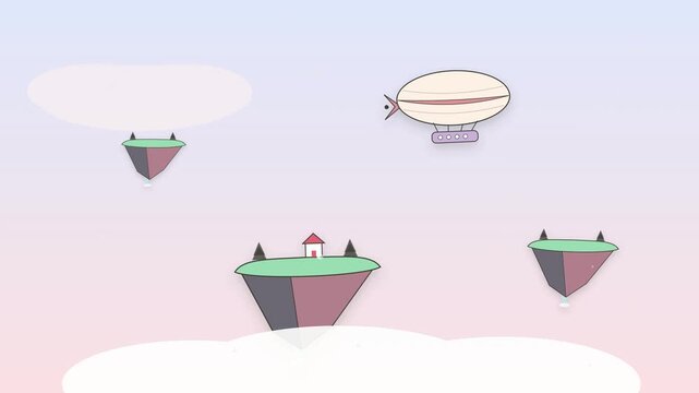 Cute Pastel Papercraft Sky Animation Loop with Floating Islands and Soft Clouds. Pastel Papercut Floating Islands Animation with Flying Airship and Little House