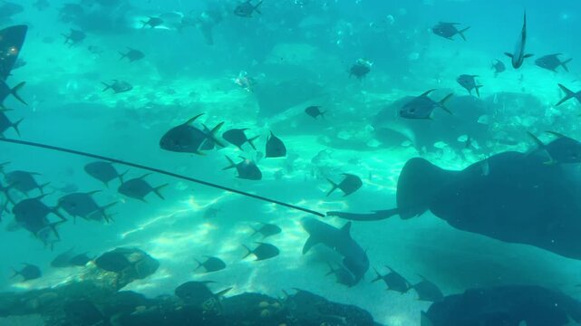 Underwater view of stingrays swimming with a school of other fish in Australia