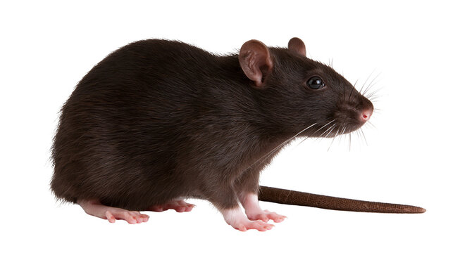 Dark brown domestic rat with long tail and whiskers standing in profile