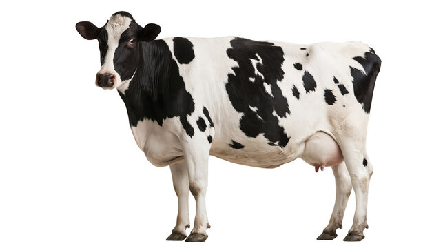 Black and white Holstein dairy cow standing in profile