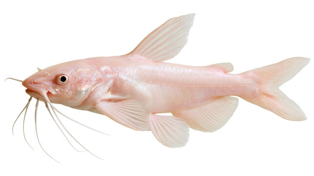 Albino catfish with long whiskers and translucent pinkish skin